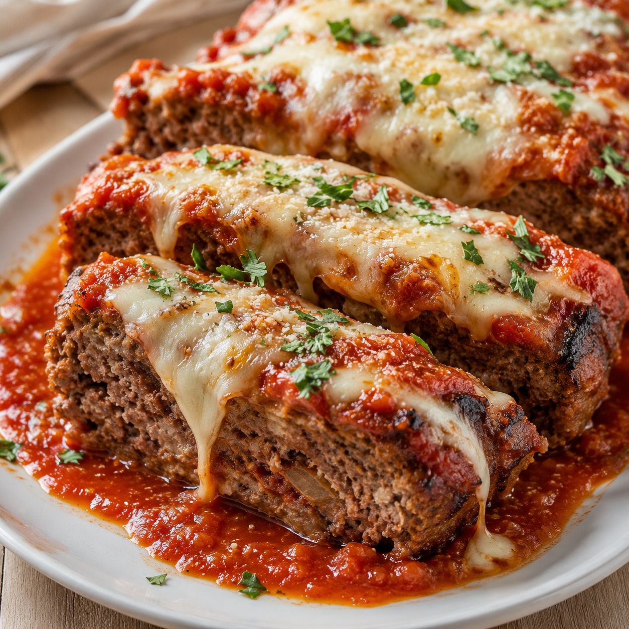 Italian meatloaf slices with marinara, melted mozzarella, parmesan, and parsley