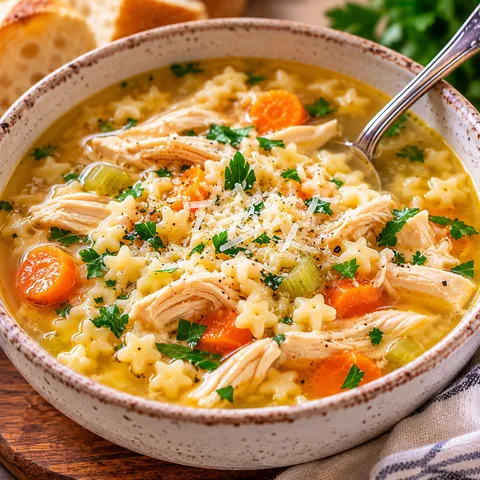 Rustic bowl of Italian penicillin soup with pastina, chicken, parsley, and Parmesan