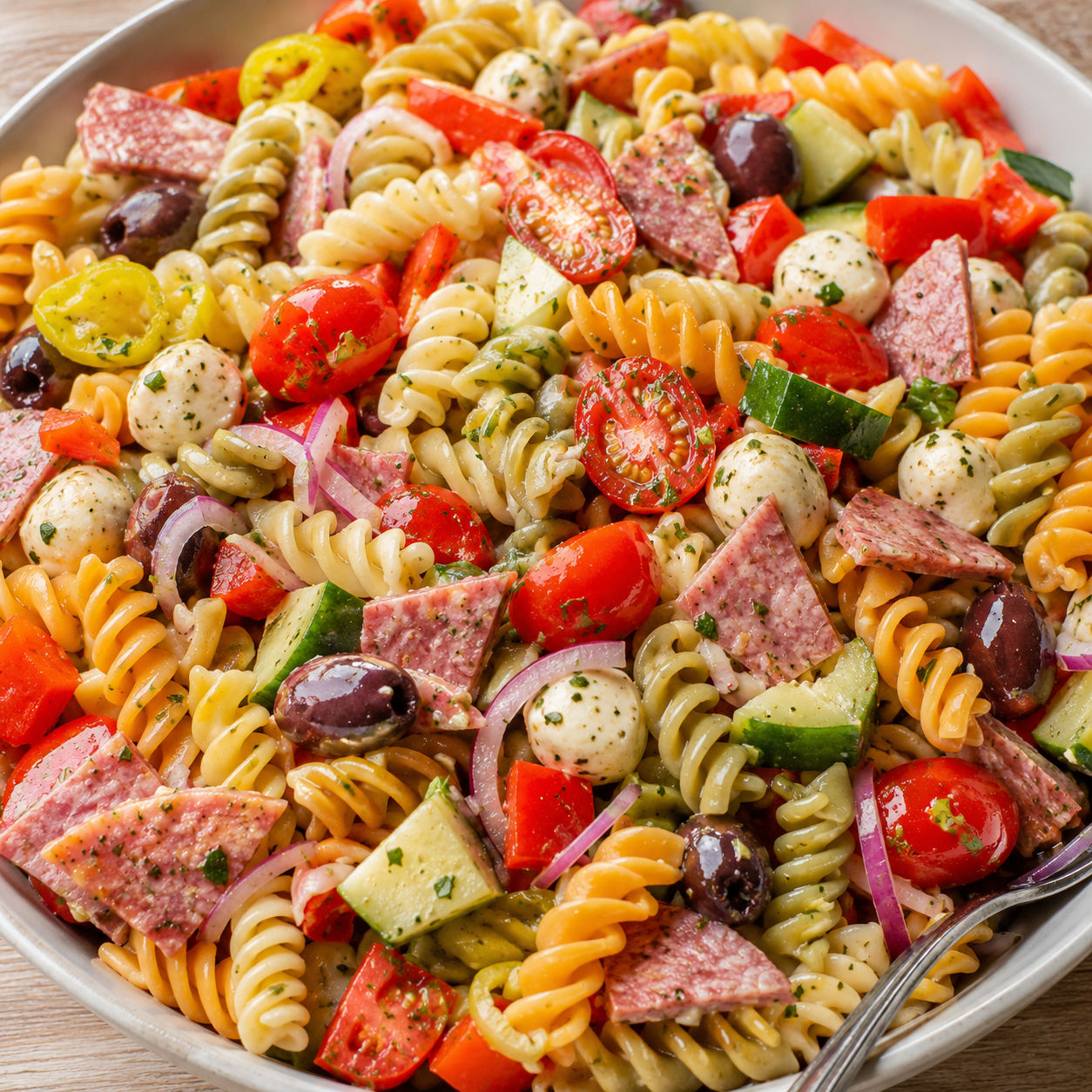 Italian Pasta Salad with salami, mozzarella, tomatoes, olives, and herbs