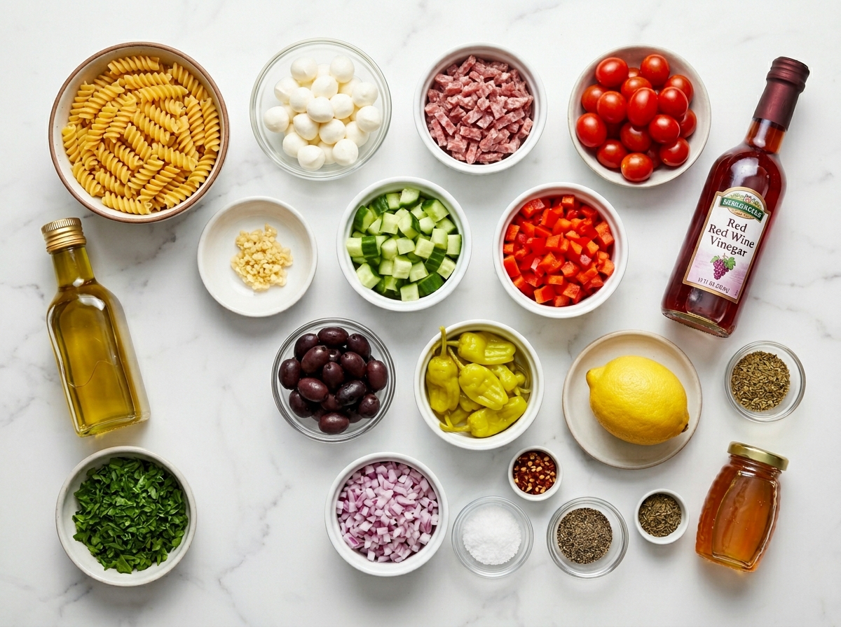 Ingredients for Italian Pasta Salad with rotini, salami, vegetables, and dressing