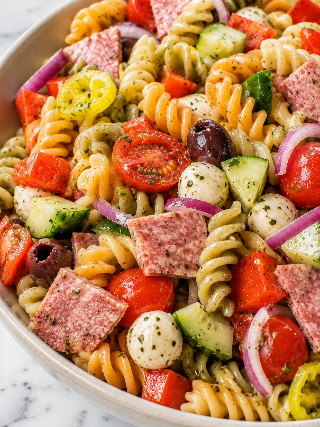 Italian Pasta Salad, plated and served