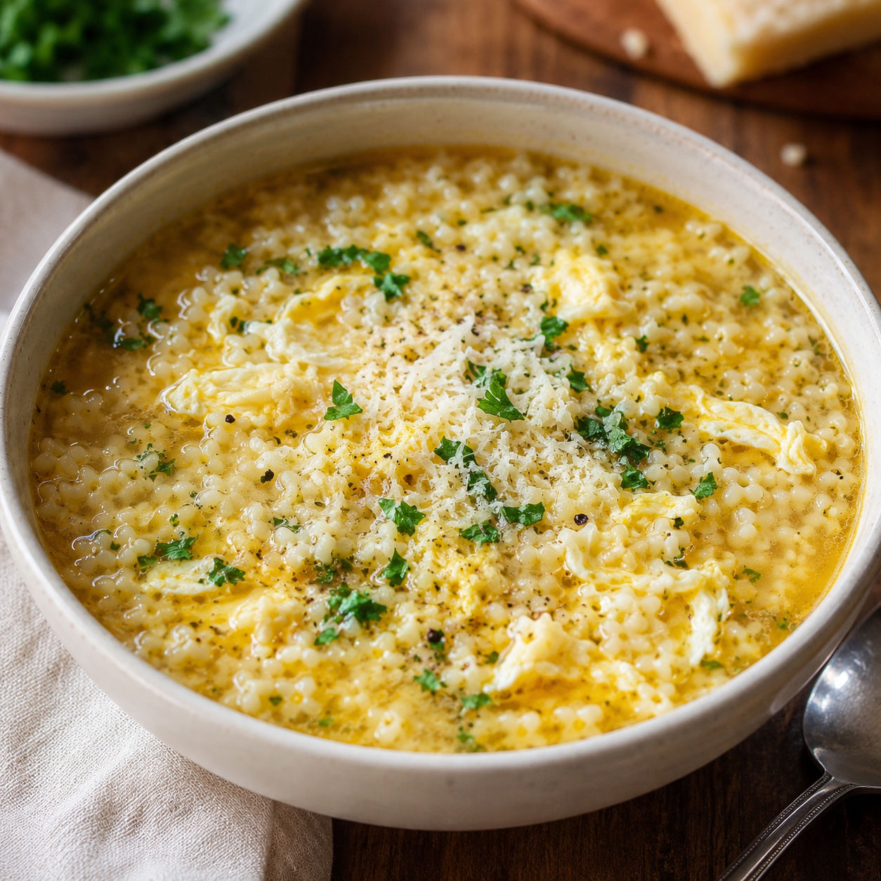 Italian pastina soup with egg ribbons, Parmesan, and parsley