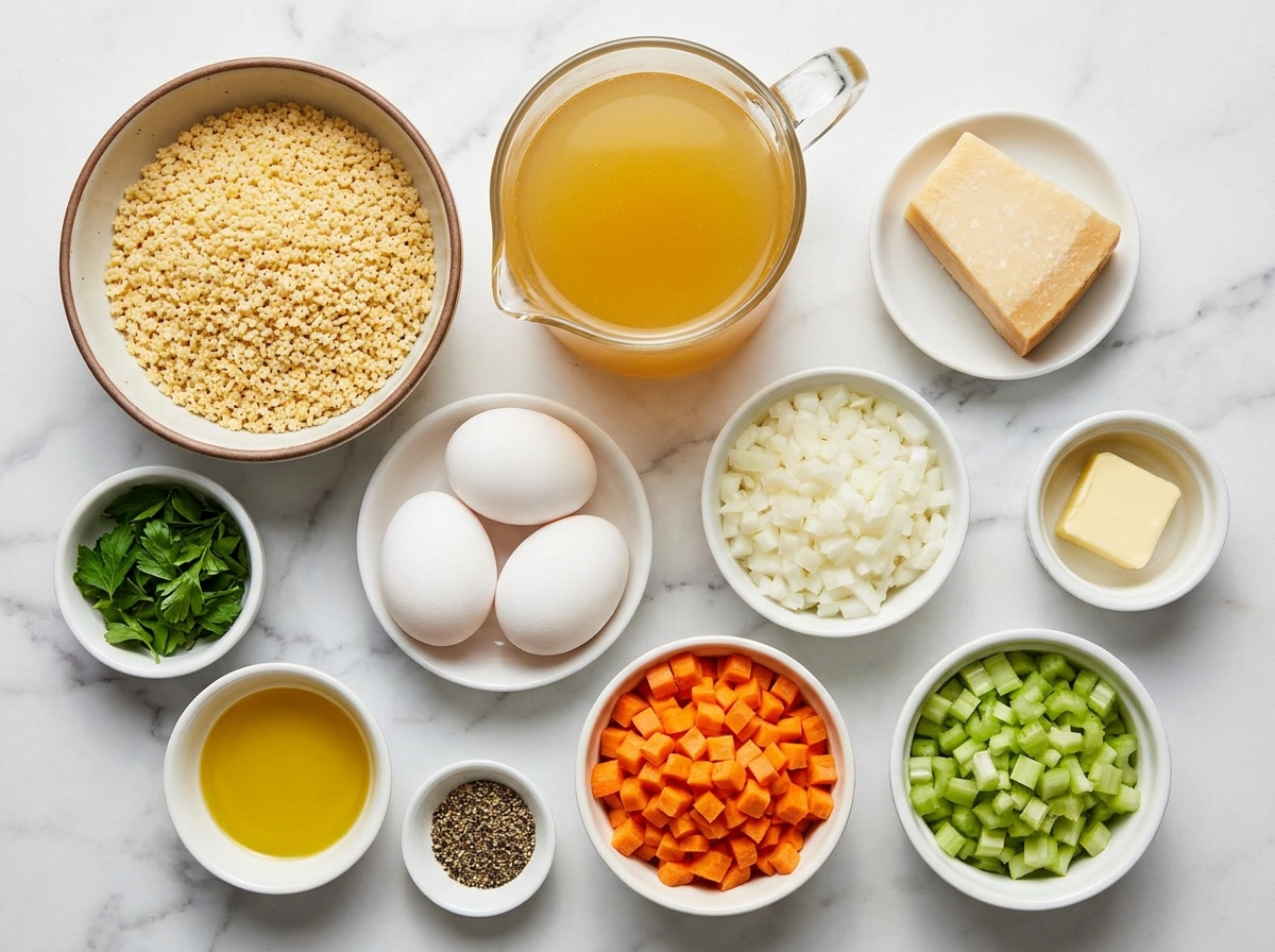 Ingredients for Italian pastina soup with pasta, eggs, broth, and Parmesan