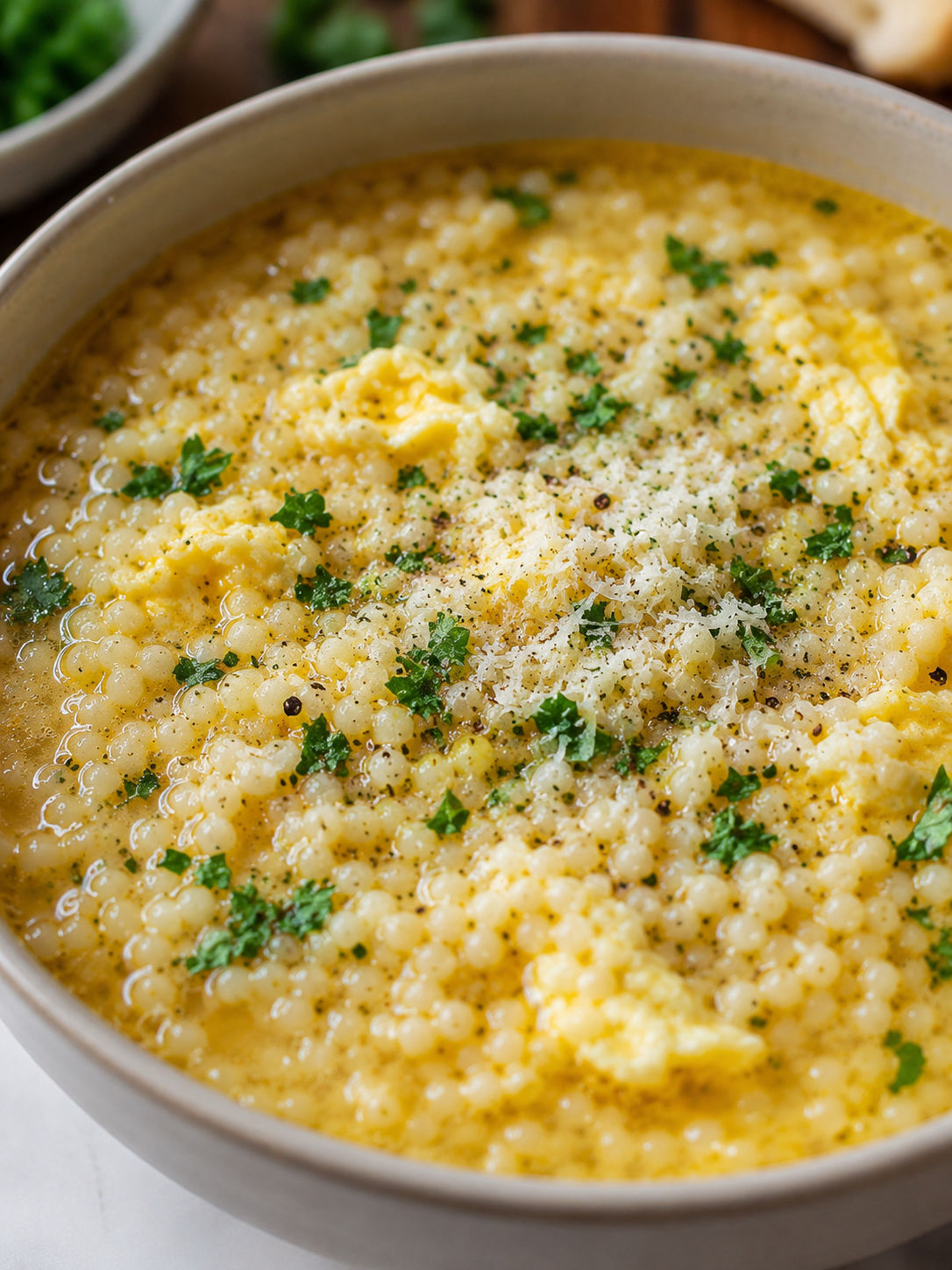 Italian Pastina Soup, plated and served
