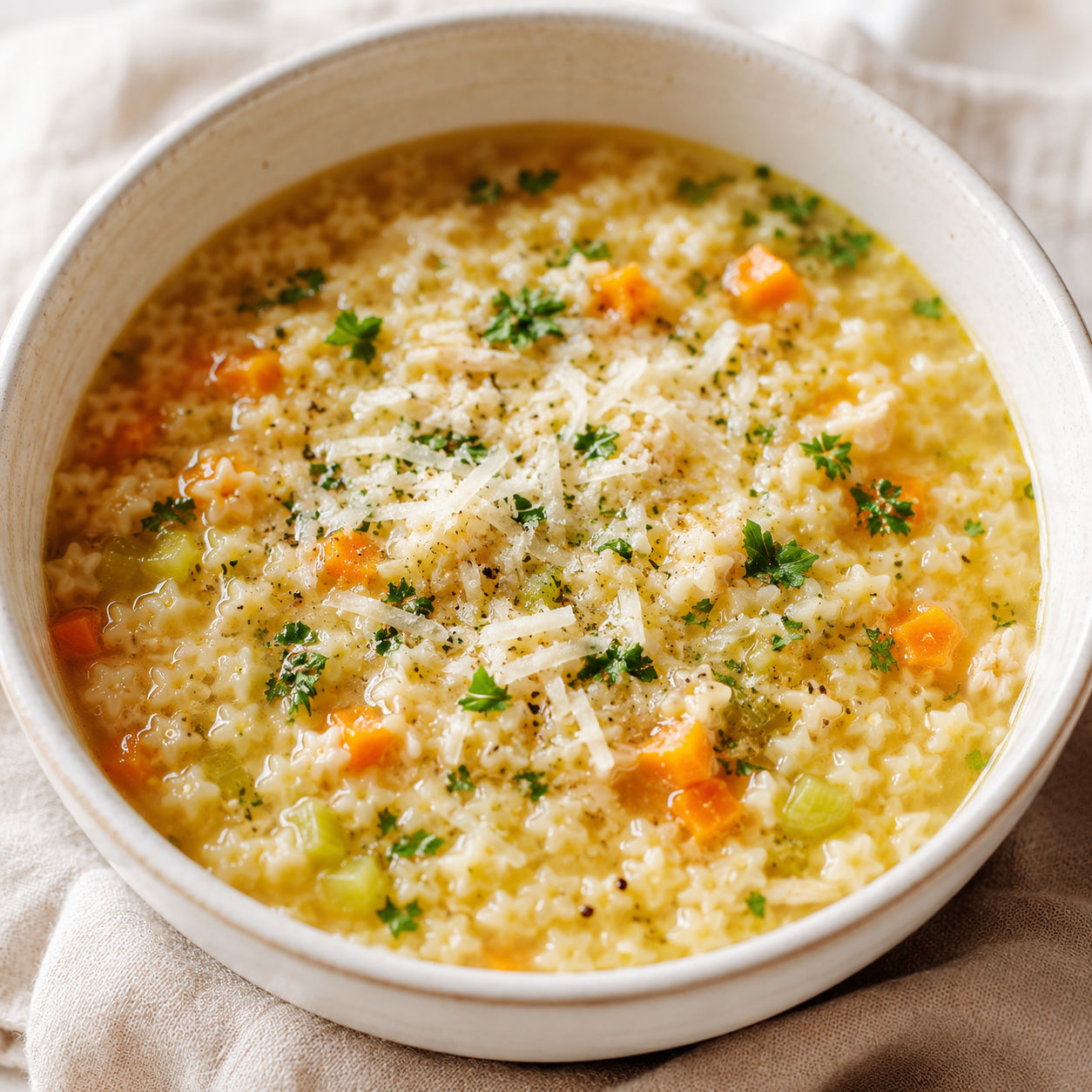 Italian pastina soup with Parmesan, parsley, carrots, and tiny pasta