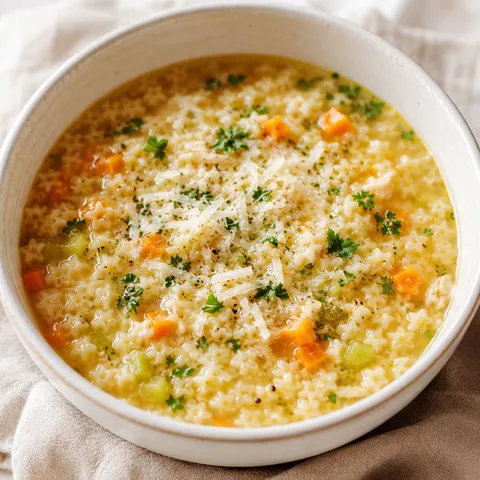 Italian pastina soup with Parmesan, parsley, carrots, and tiny pasta