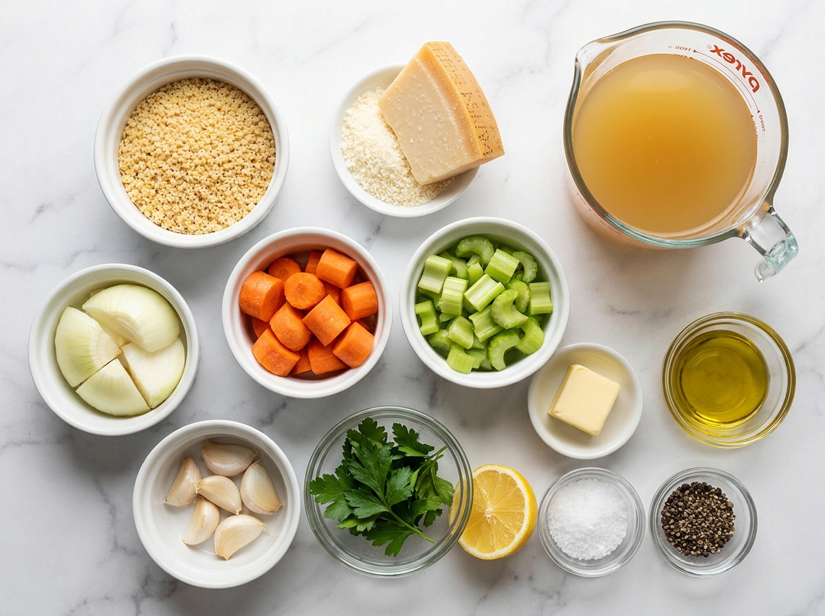 Pastina soup ingredients with chicken broth, Parmesan, vegetables, and herbs