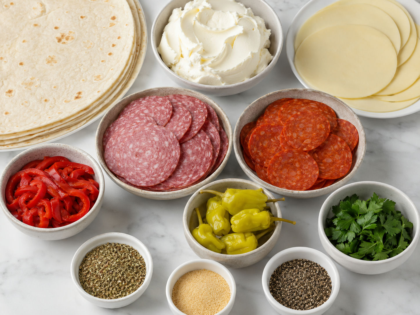 Ingredients for Italian Pinwheels with tortillas, deli meats, cheese, and peppers