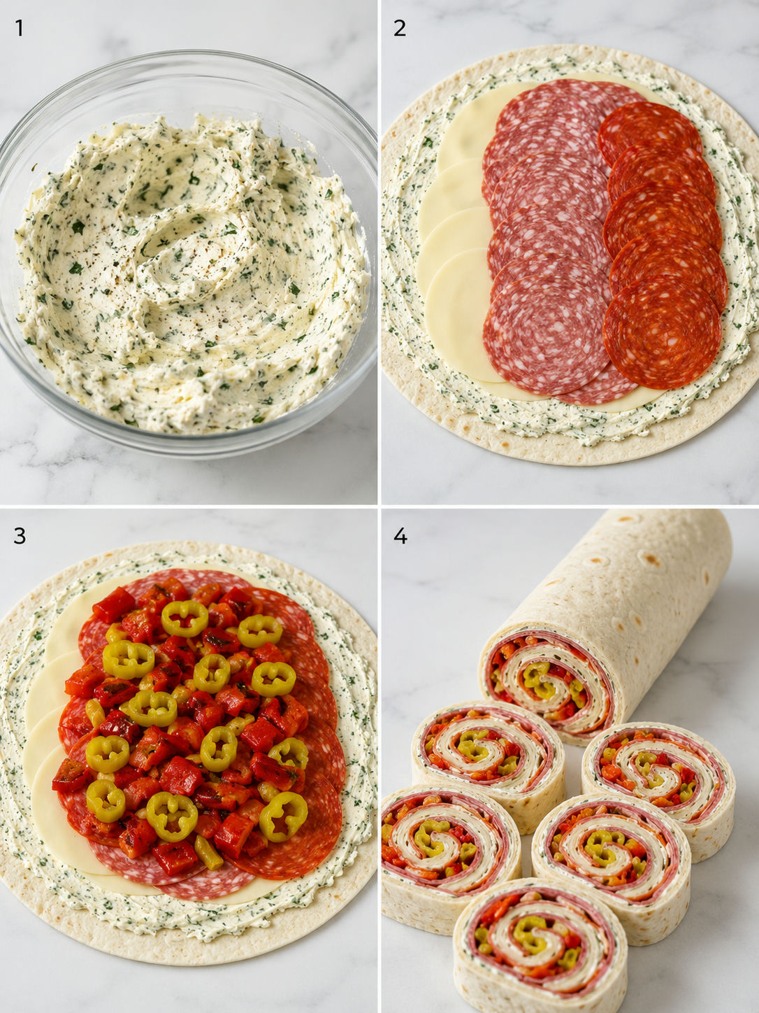 Four steps for making Italian Pinwheels from mixing spread to slicing rolls