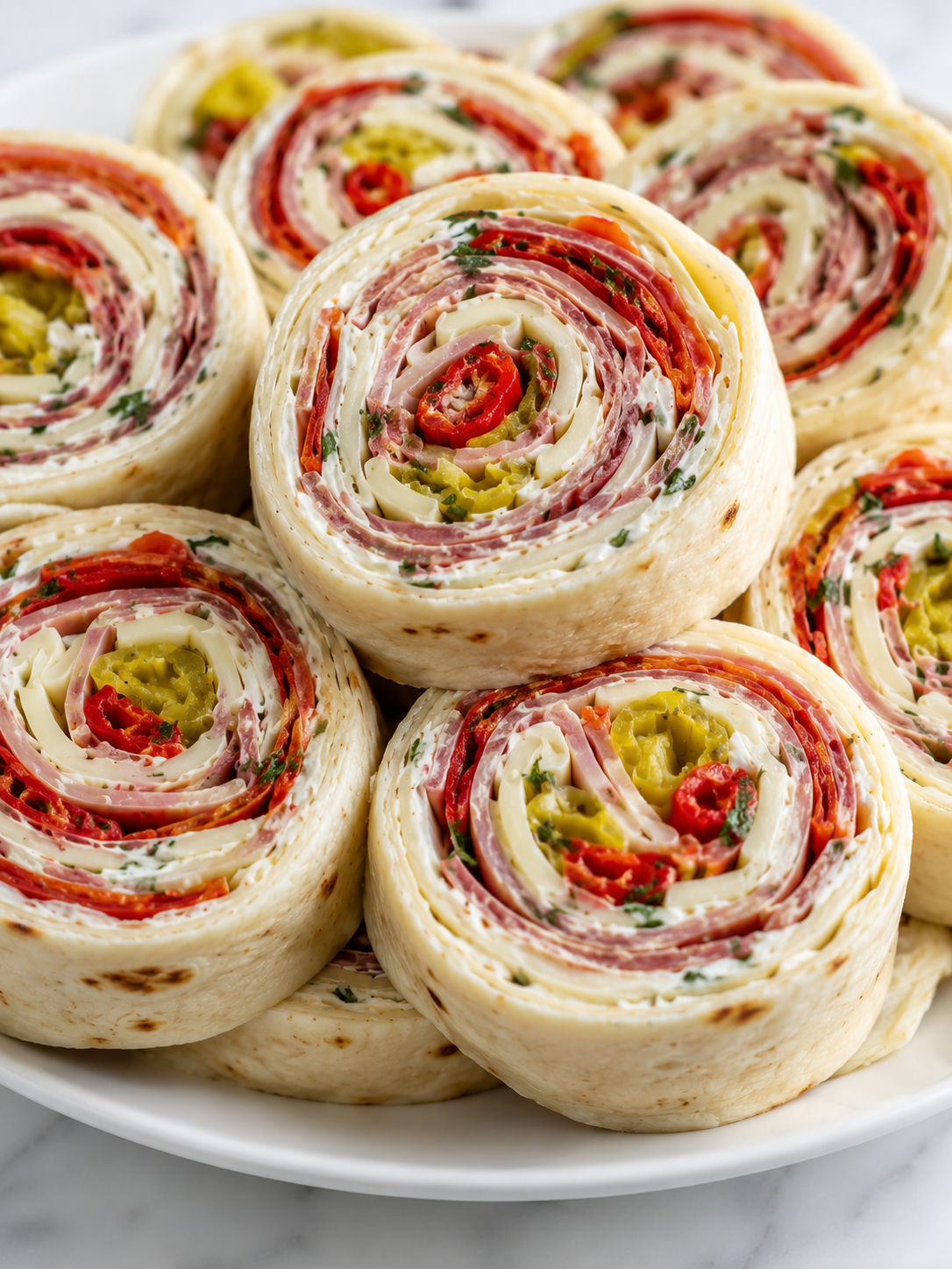 Italian Pinwheels stacked on a platter with salami, cheese, and peppers