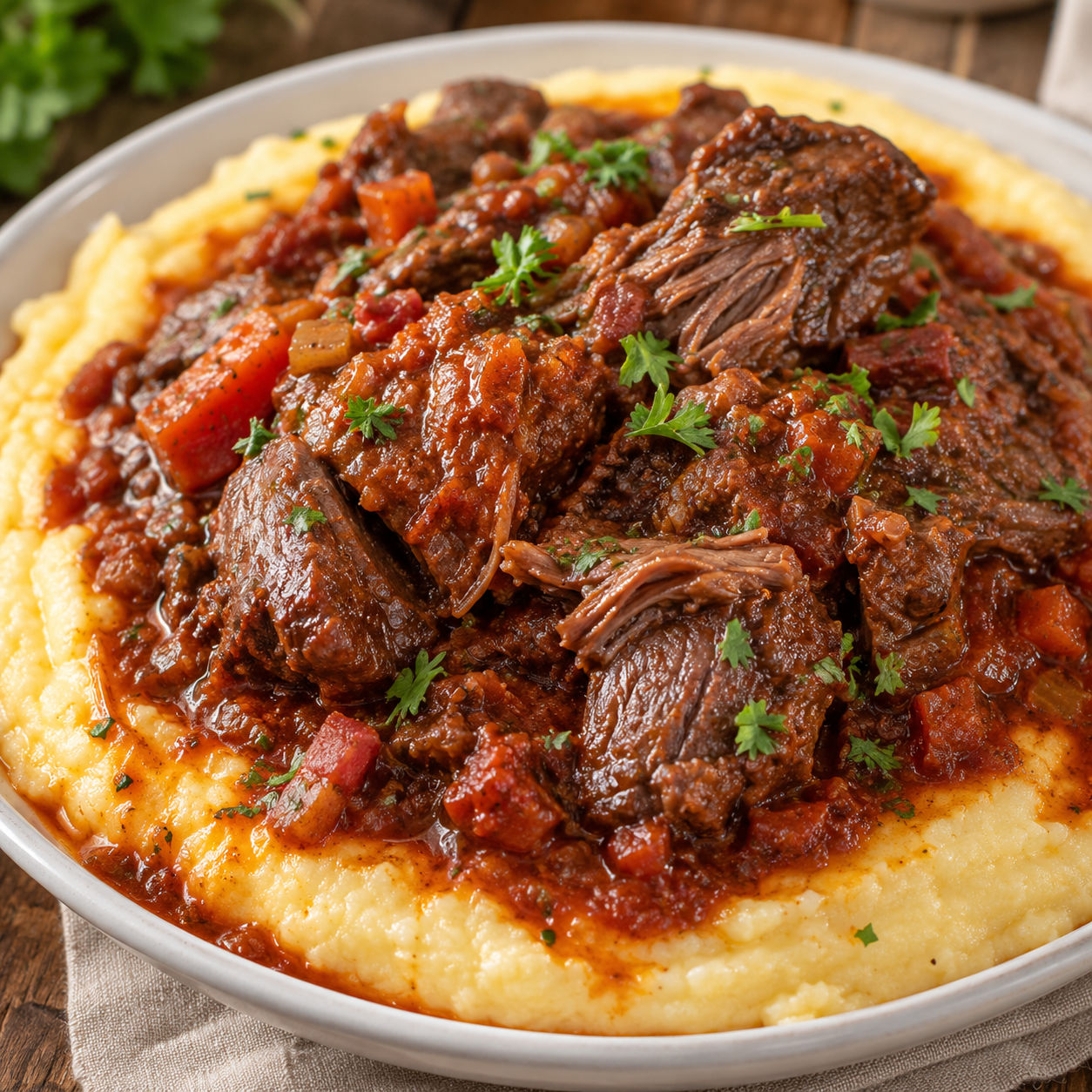 Italian Pot Roast with tomato red wine sauce and parsley over polenta
