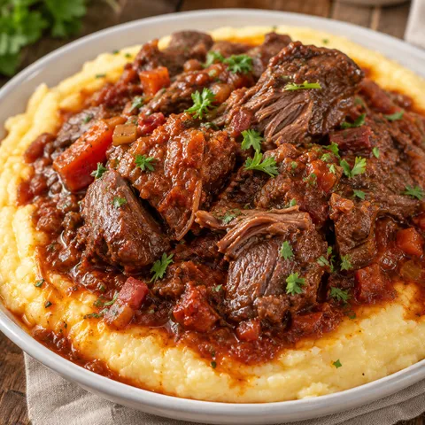Italian Pot Roast with tomato red wine sauce and parsley over polenta