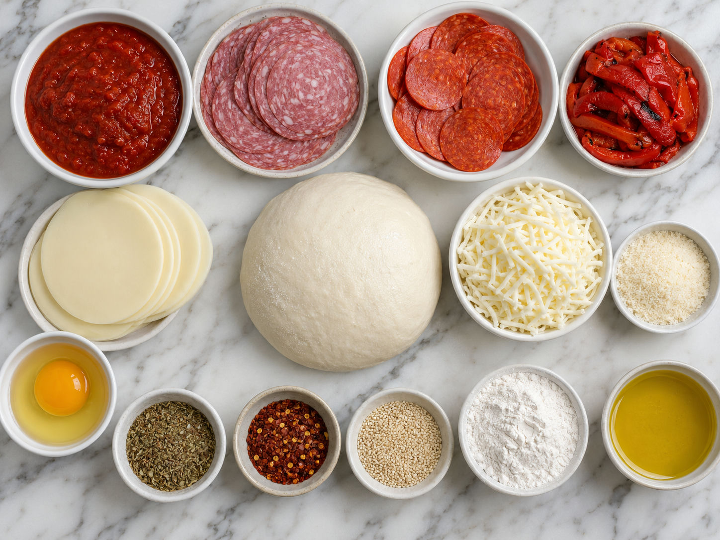 Ingredients for Italian stromboli with dough, meats, cheese and peppers