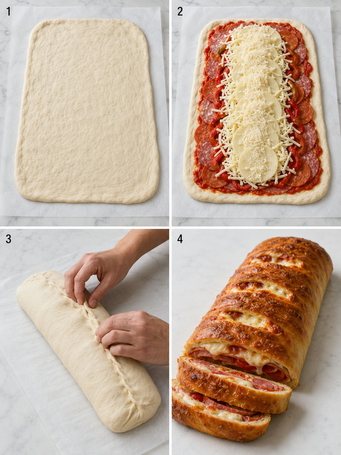 Four steps for making Italian stromboli from filling to slicing