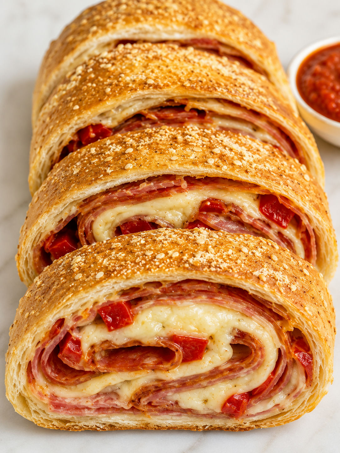 Italian stromboli slices with melted cheese, pepperoni and marinara