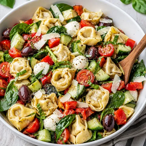 Italian tortellini pasta salad with vegetables, mozzarella, parmesan, and basil