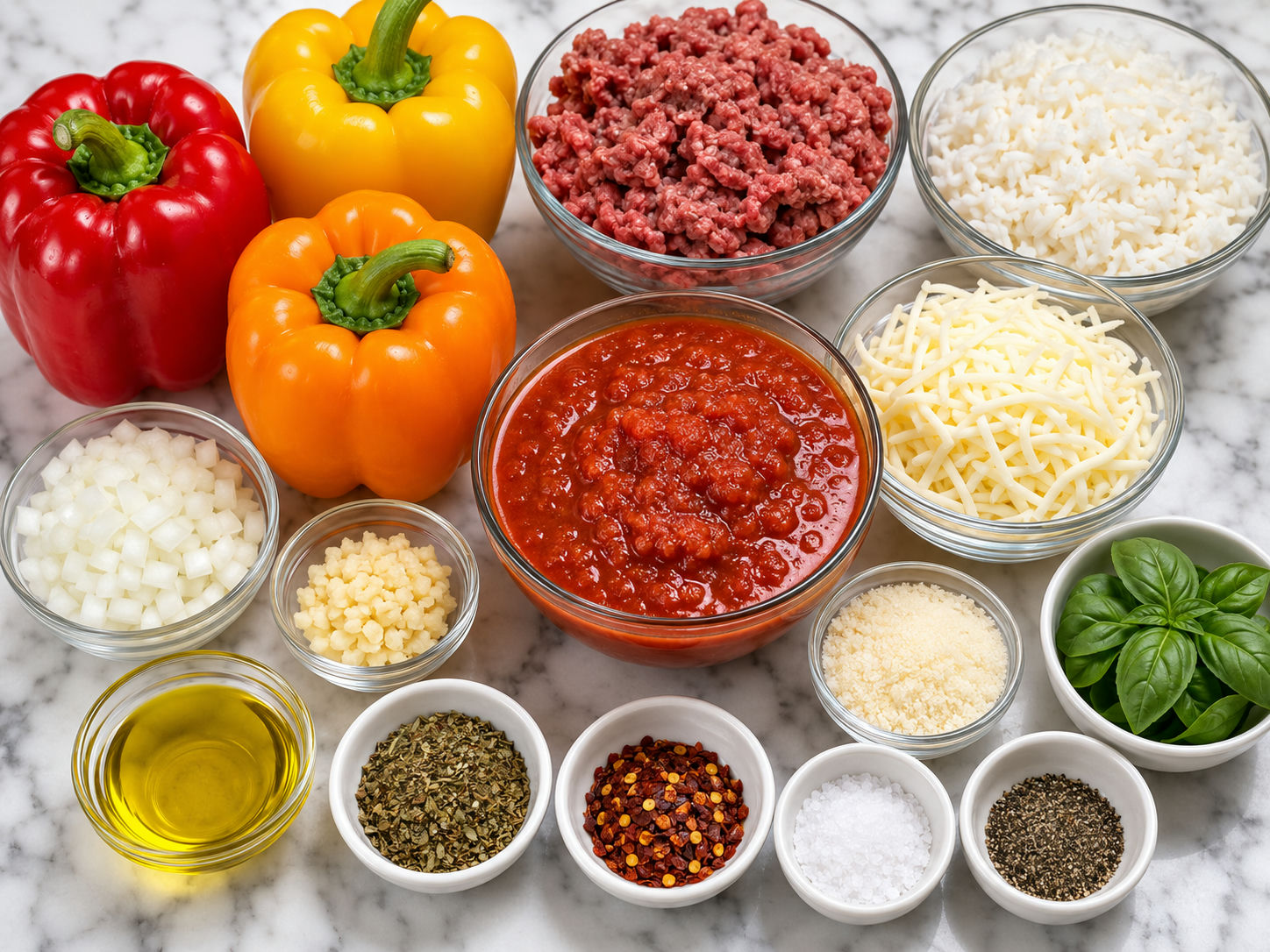 Ingredients for Italian stuffed peppers with beef, rice, marinara, and cheese