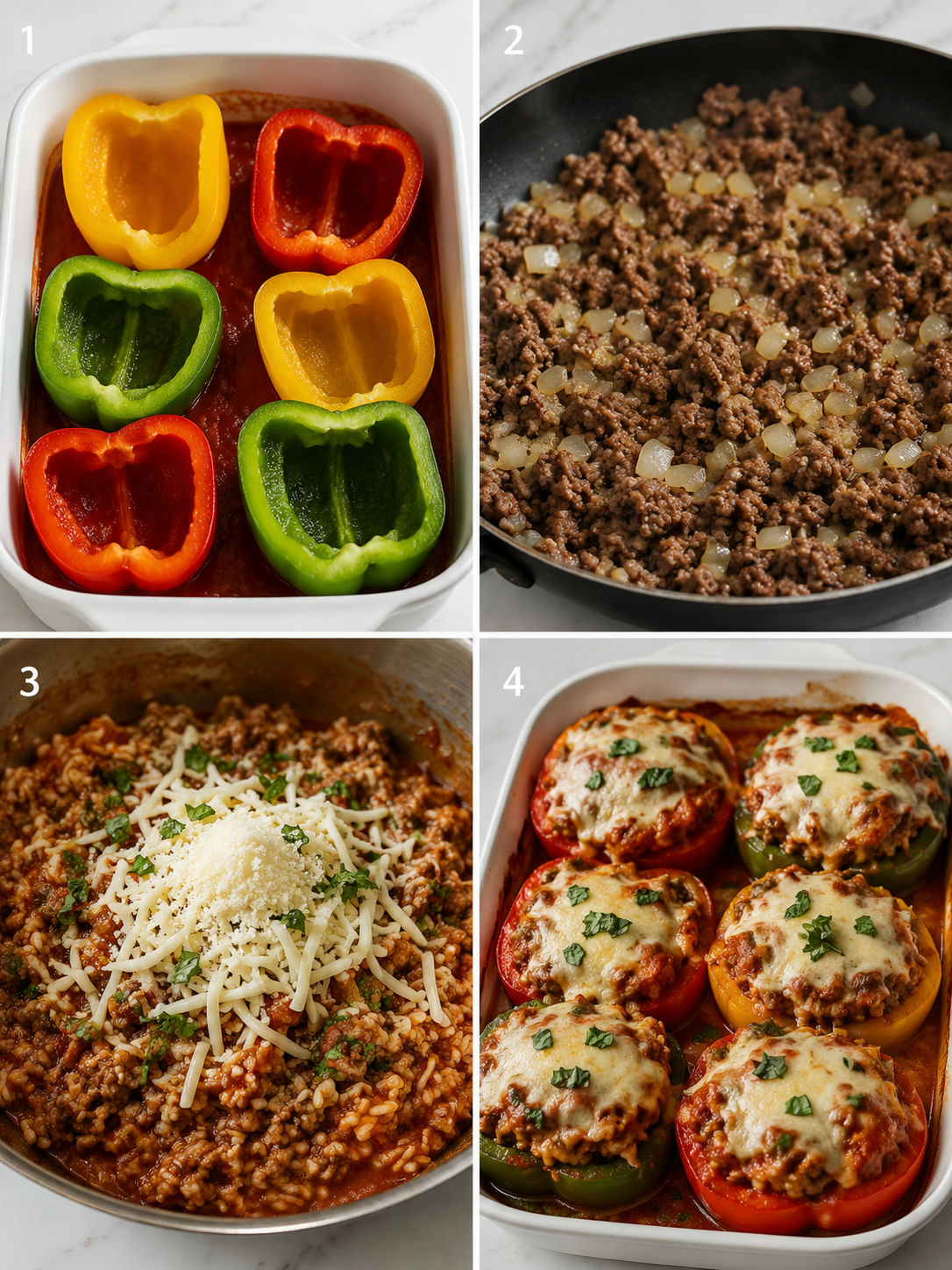 Four steps for making Italian stuffed peppers from prep to baked cheese topping