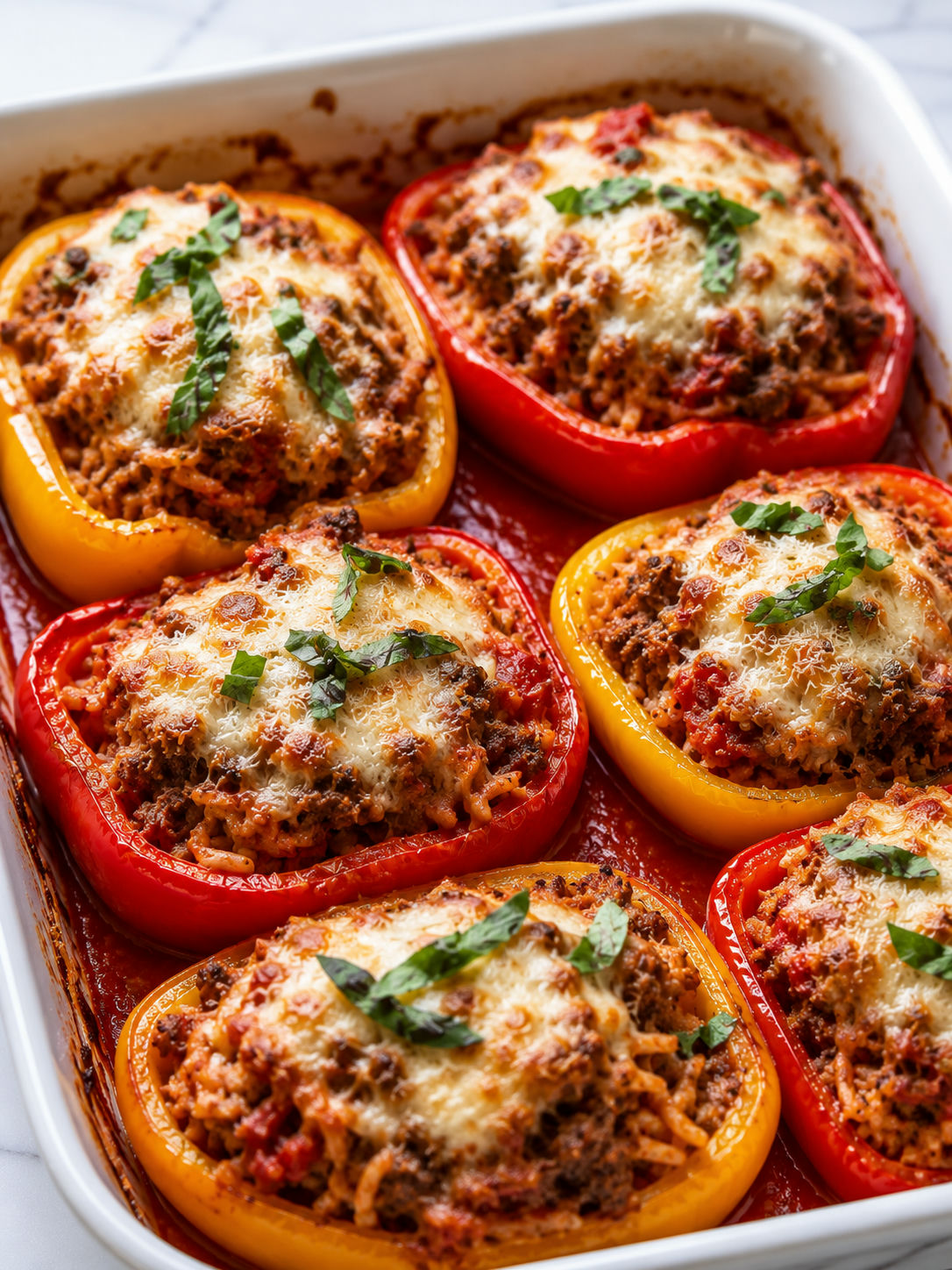 Saucy Italian stuffed peppers with melted cheese and fresh basil