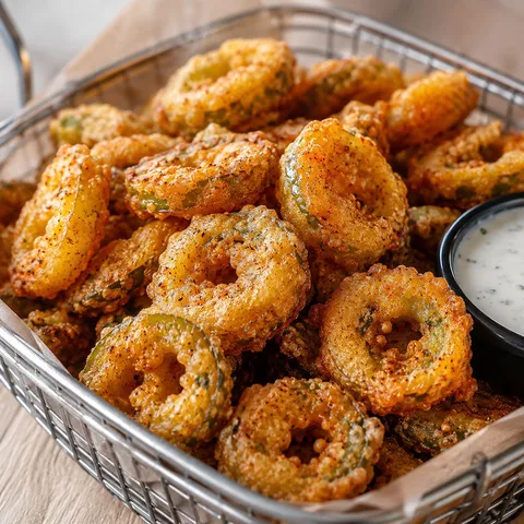 Golden fried jalapeño bottle caps in a metal basket with ranch dip