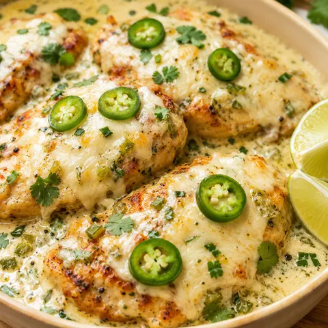Creamy Jalapeño Chicken with cilantro, jalapeño slices, and lime