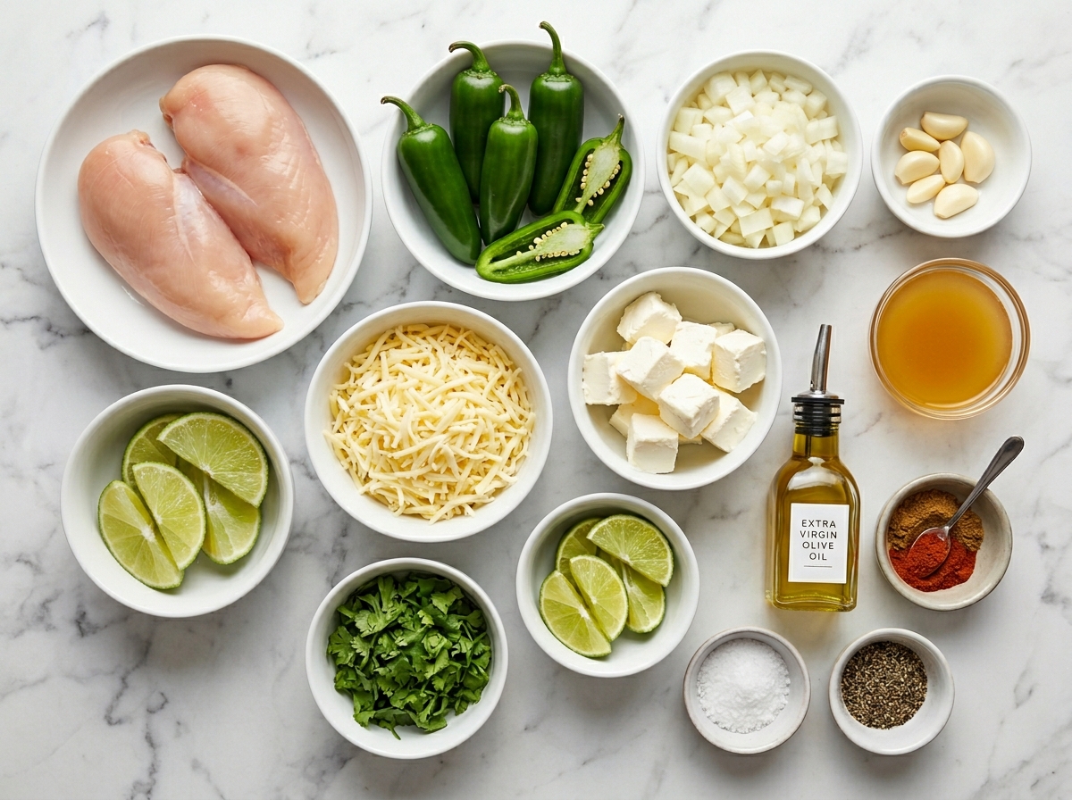 Ingredients for creamy Jalapeño Chicken with fresh peppers, cheese, lime, and herbs