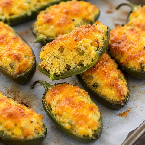 Baked jalapeño cornbread poppers with melted cheddar on a baking sheet