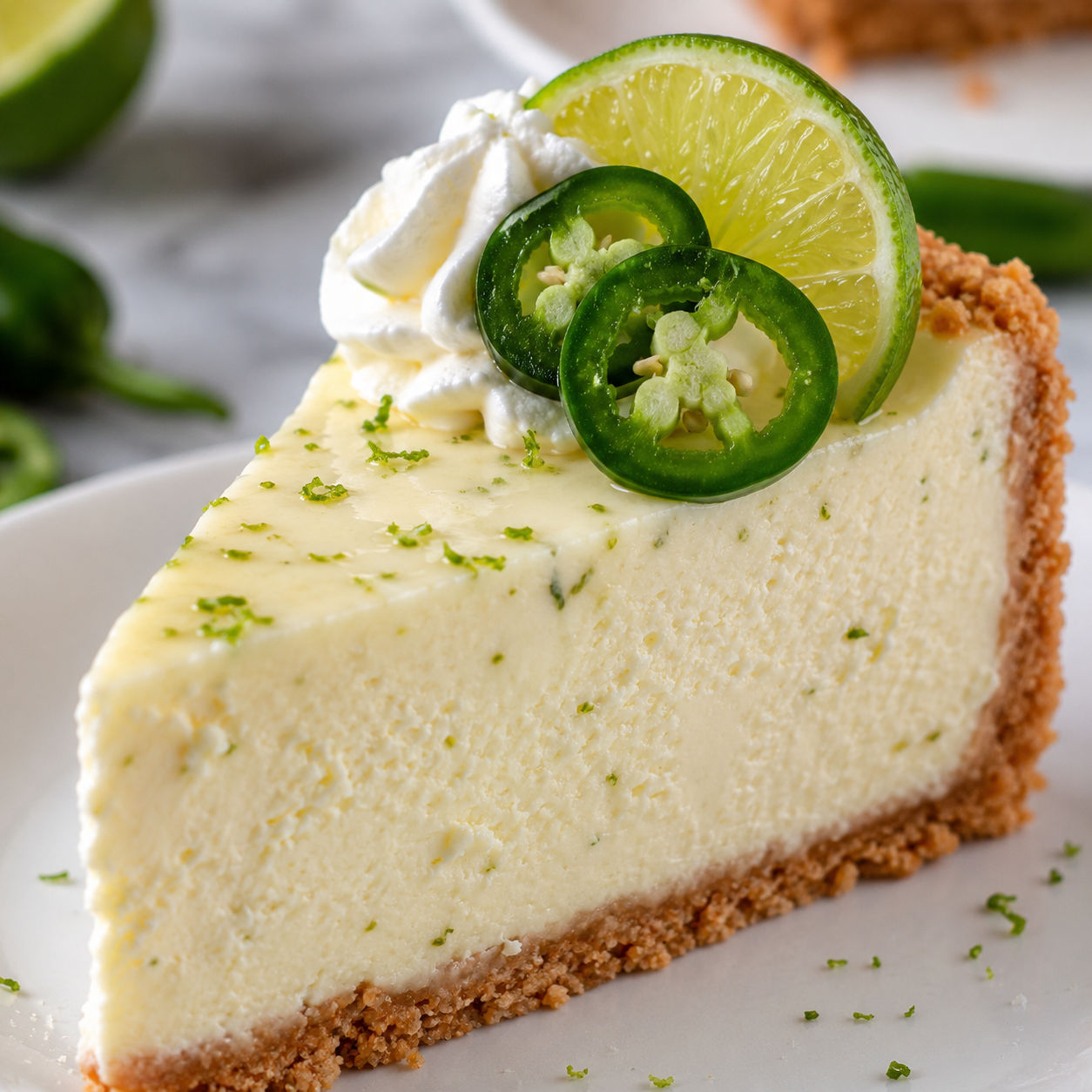 Jalapeño lime cheesecake slice with lime and jalapeño garnish