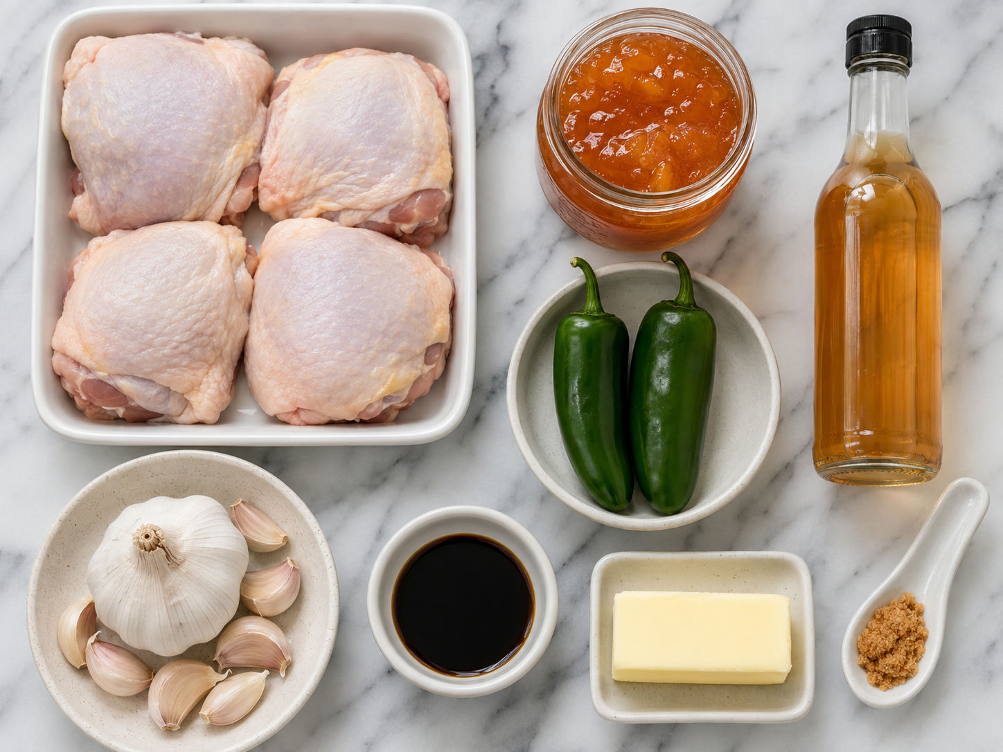 Raw ingredients for jalapeño peach chicken including chicken thighs, peach preserves, jalapeños, and garlic on marble