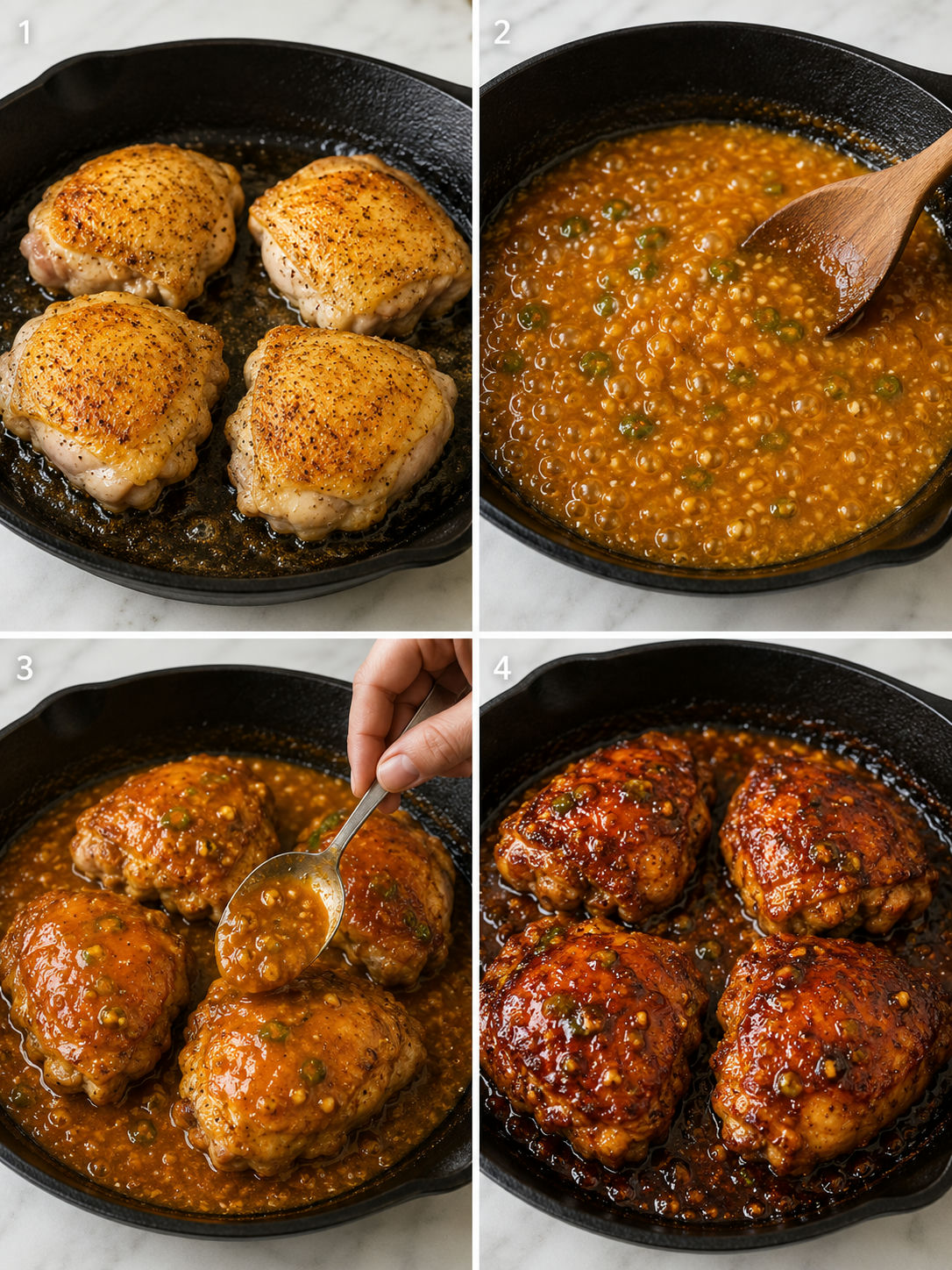 Four cooking steps for jalapeño peach chicken from searing to glazing to caramelized oven finish