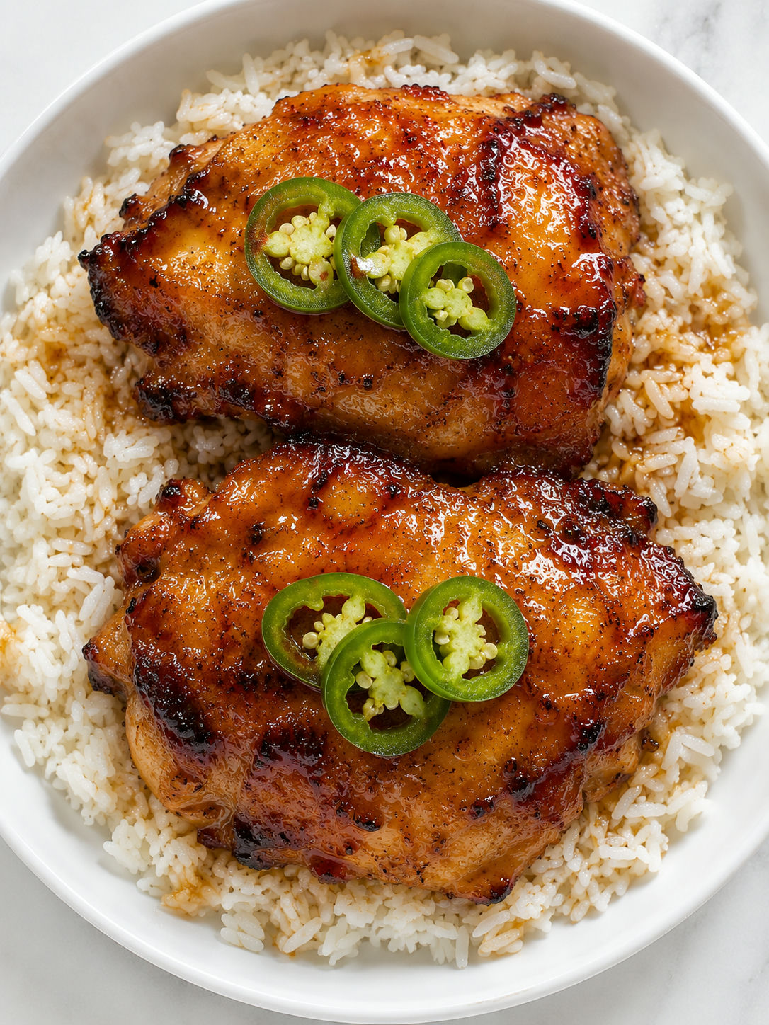 Overhead jalapeño peach glazed chicken thighs with caramelized glaze over white rice on a white plate