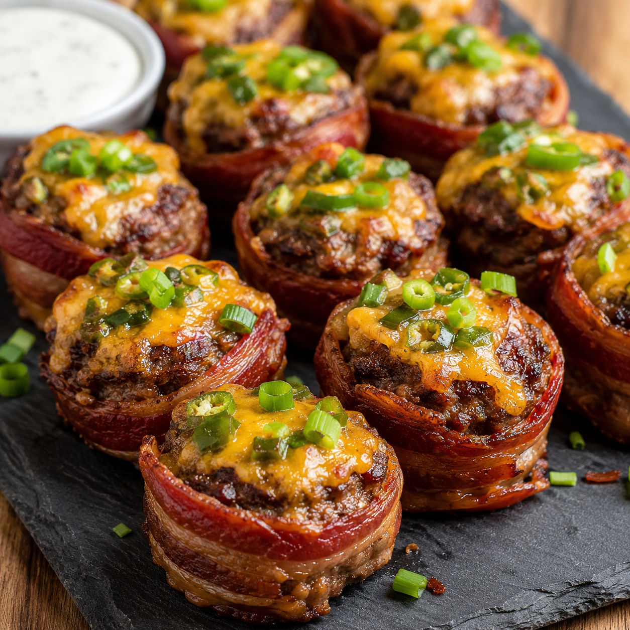 Bacon-wrapped jalapeño popper burger bites with melted cheddar on a slate board
