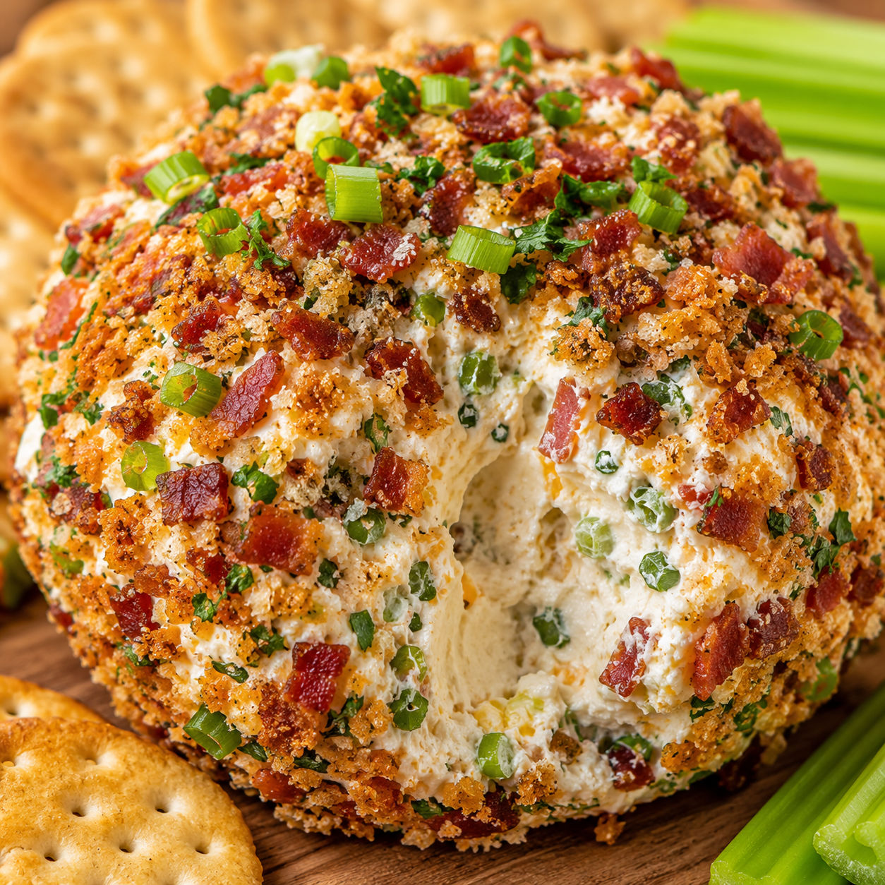 Jalapeño popper cheese ball coated in bacon and panko with crackers and celery