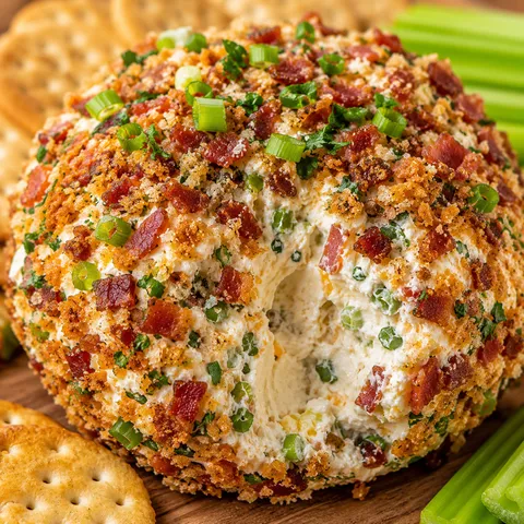 Jalapeño popper cheese ball coated in bacon and panko with crackers and celery