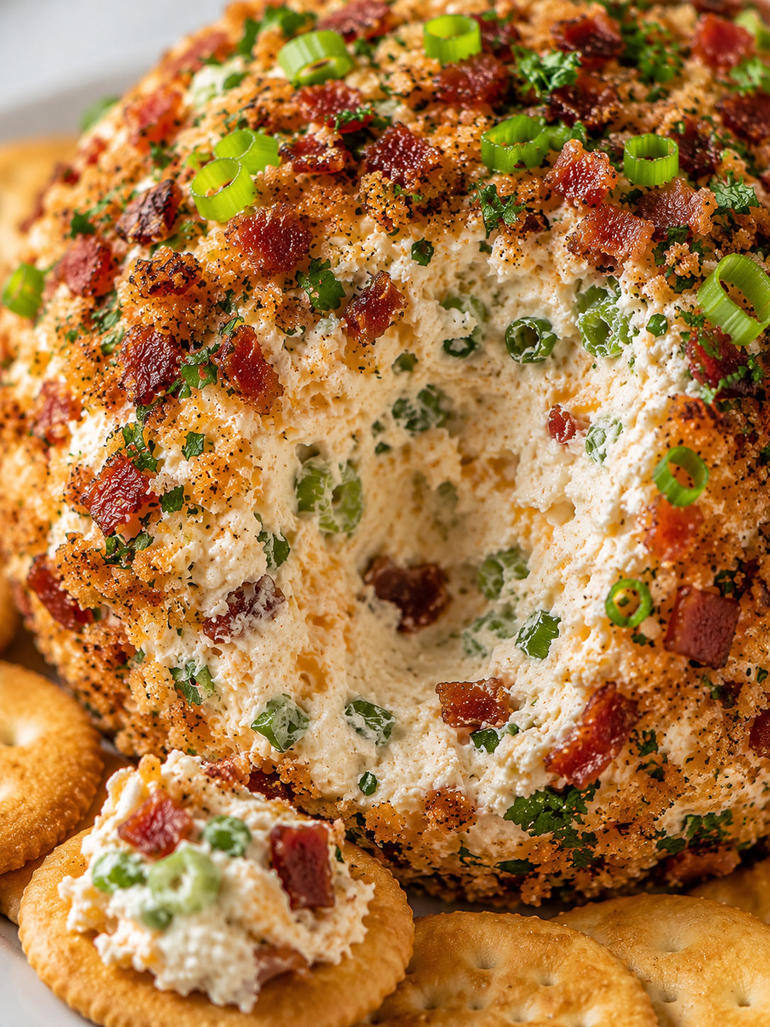 Jalapeño Popper Cheese Ball, plated and served