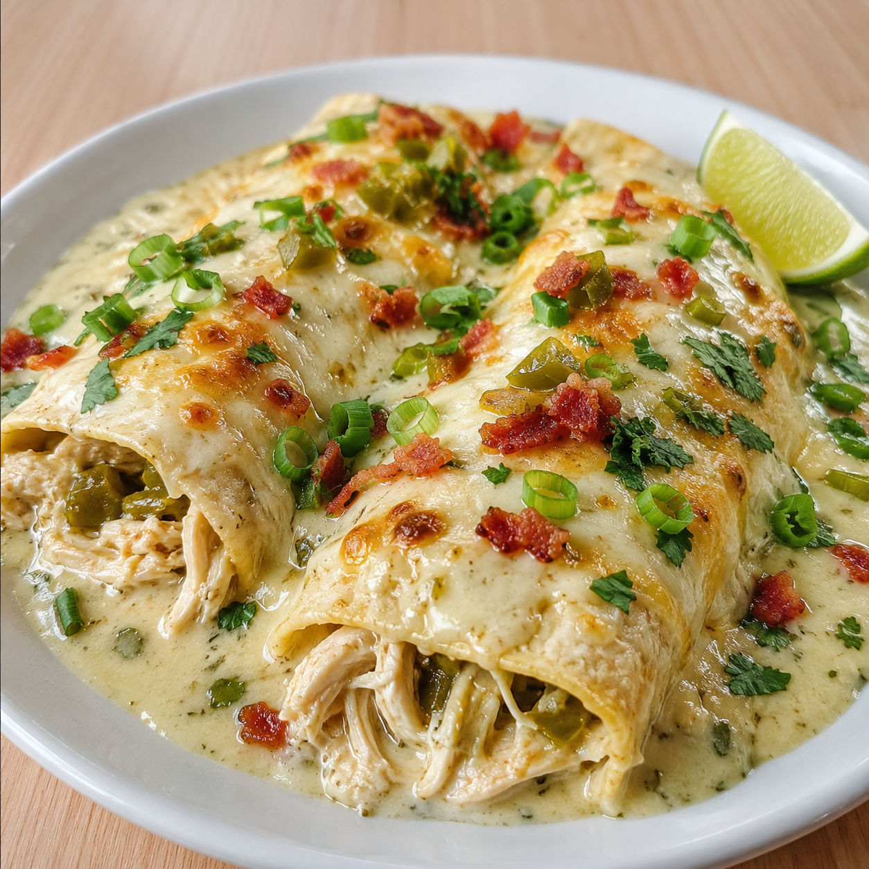 Creamy jalapeño chicken enchiladas with melted cheese and green onions