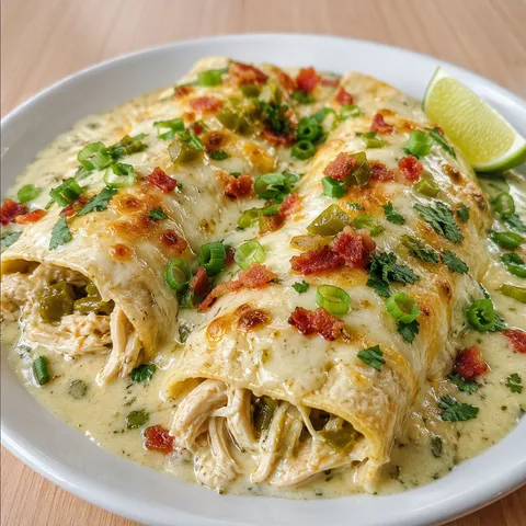 Creamy jalapeño chicken enchiladas with melted cheese and green onions