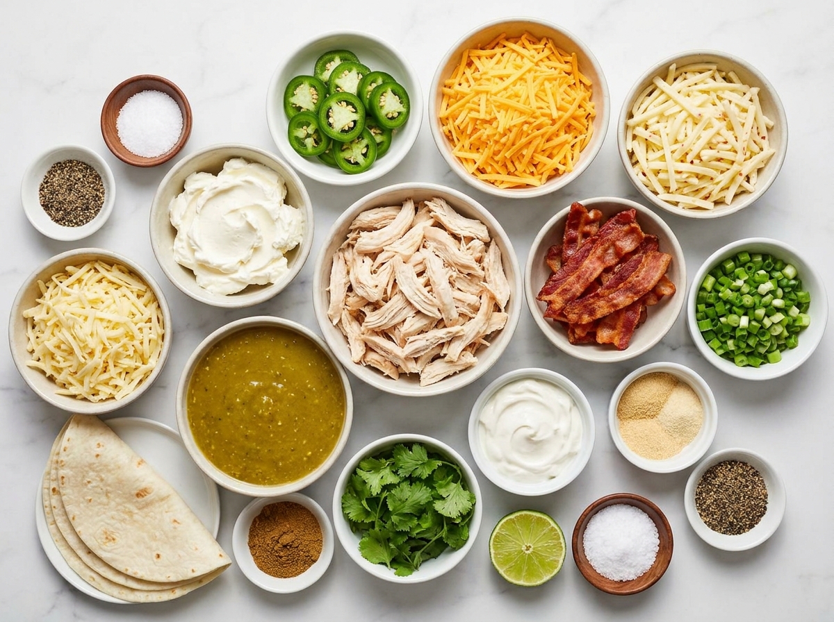 Ingredients for creamy jalapeño chicken enchiladas on a wooden surface