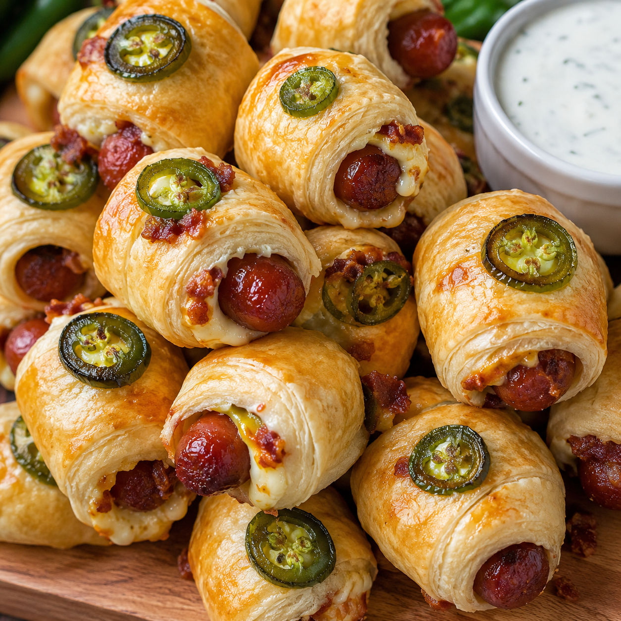 Jalapeño popper pigs in a blanket with bacon and ranch dip