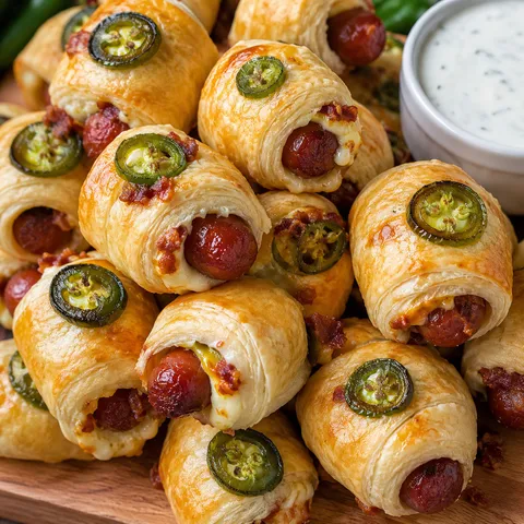 Jalapeño popper pigs in a blanket with bacon and ranch dip