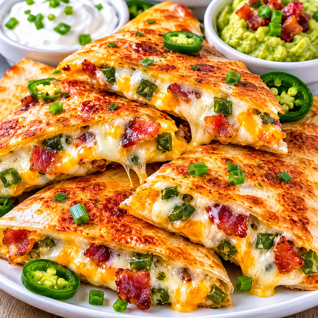 Jalapeño popper quesadilla wedges with melted cheese, bacon, and jalapeños
