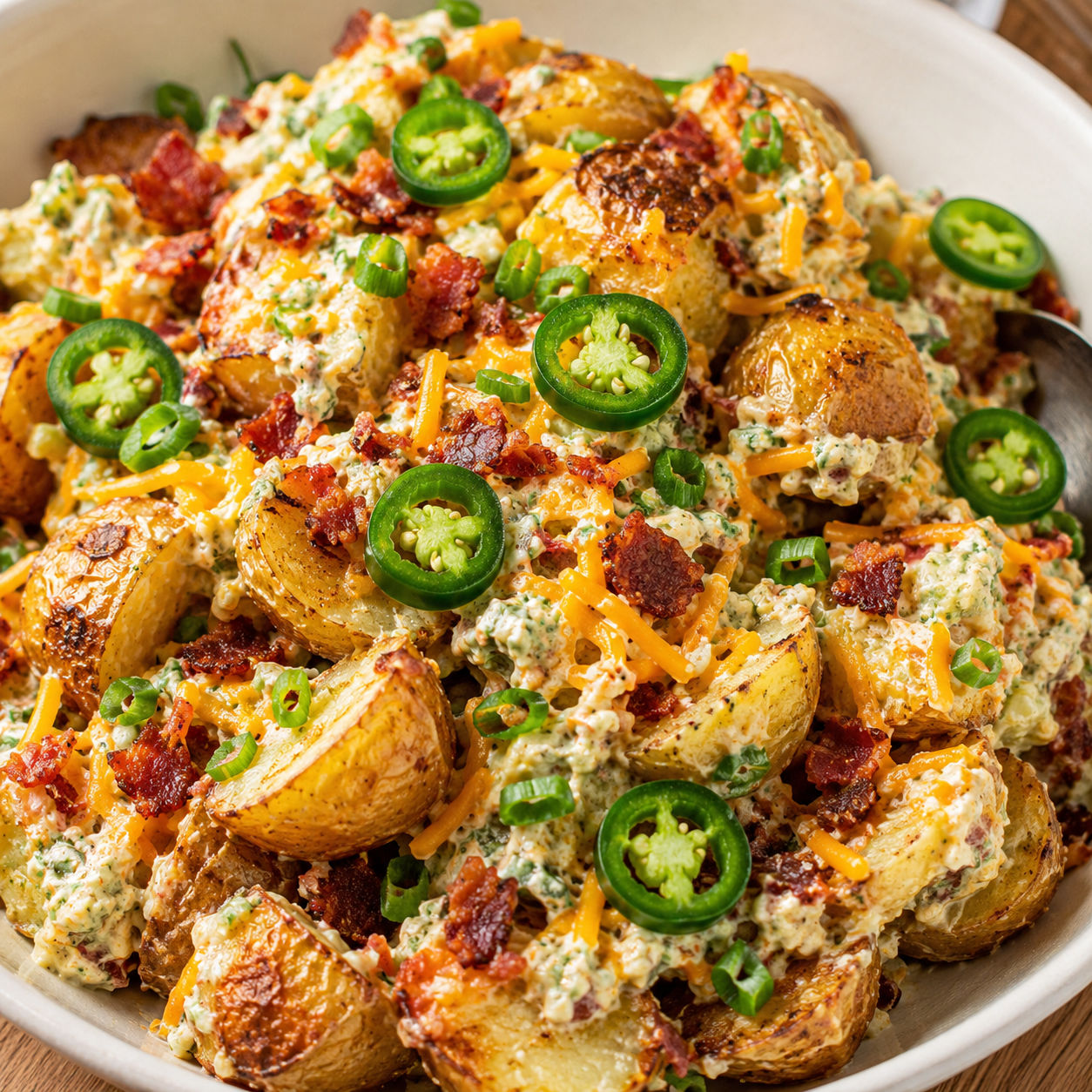 Jalapeño popper roasted potato salad with bacon, cheddar, and green onions