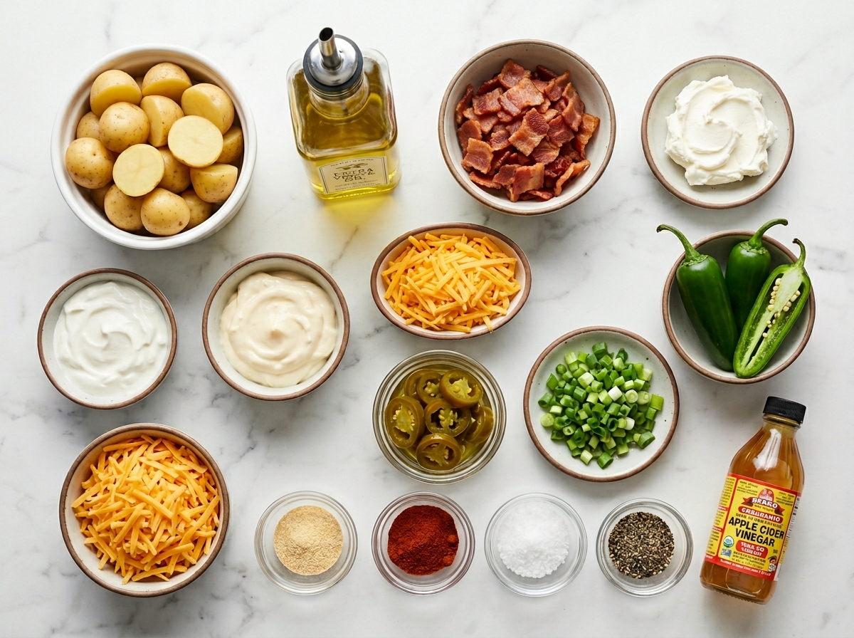 Ingredients for jalapeño popper roasted potato salad on a wooden surface