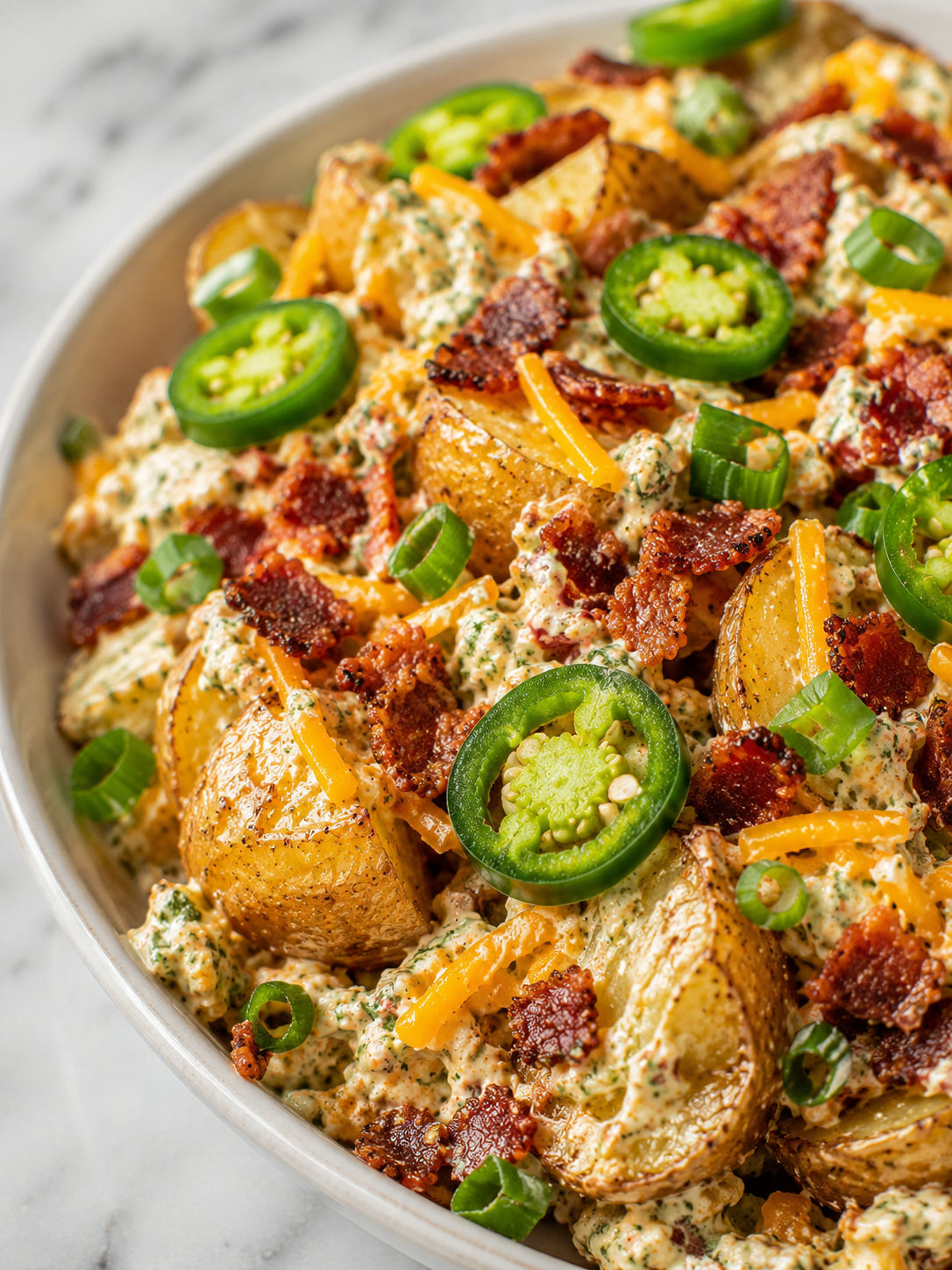 Jalapeño Popper Roasted Potato Salad, plated and served