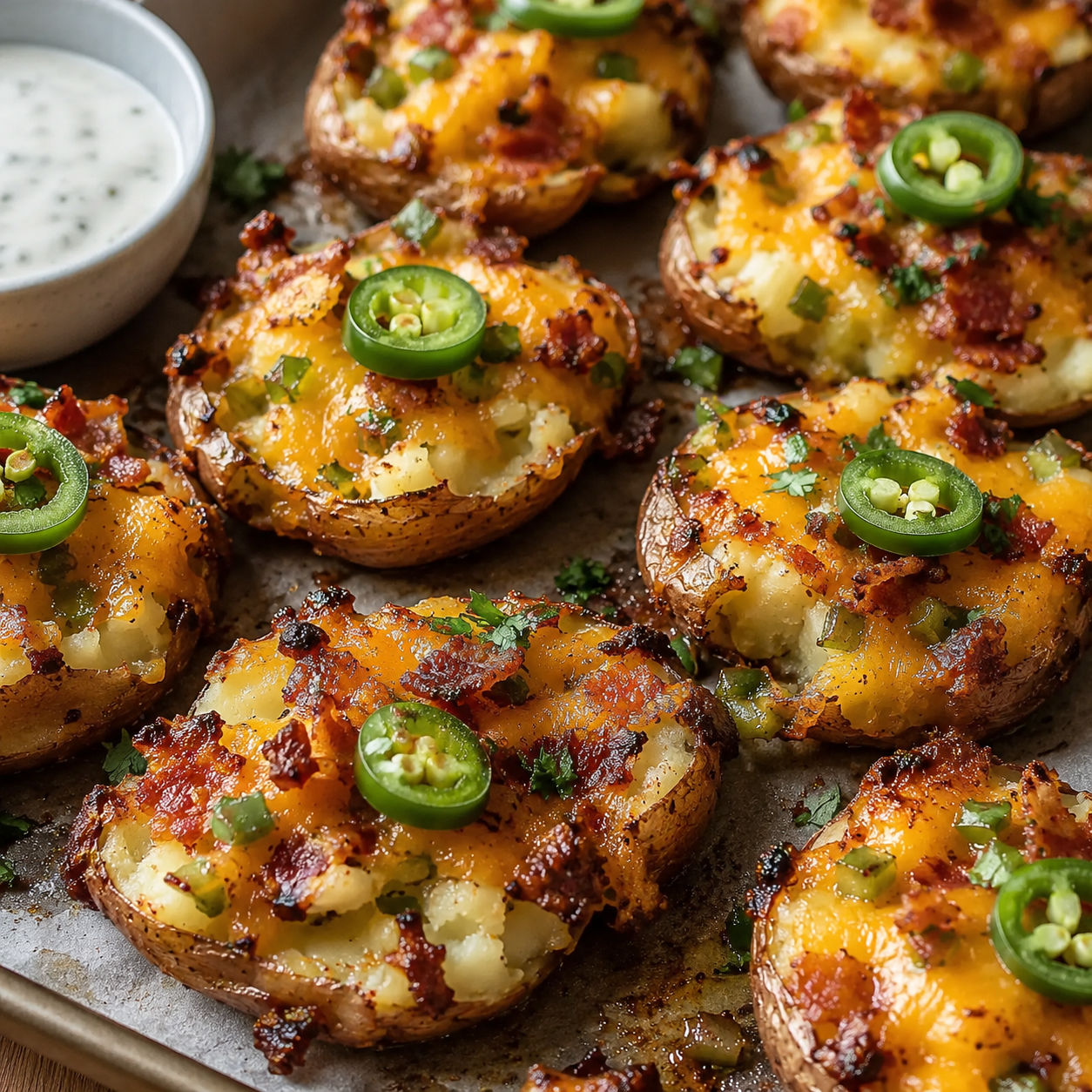 Jalapeño popper smashed potatoes with melted cheddar and ranch dip