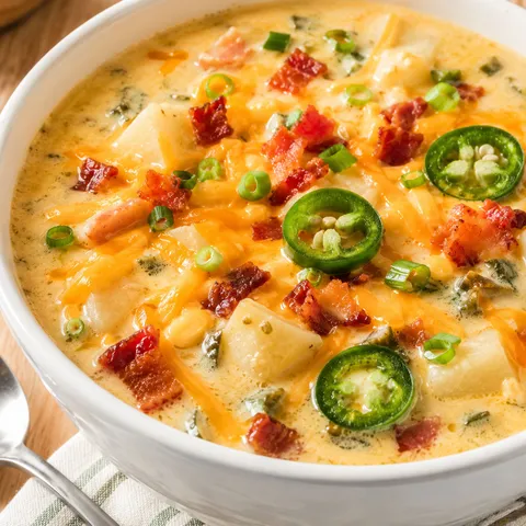 Jalapeño popper soup with bacon, cheddar, and sliced jalapeños
