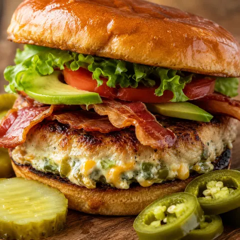 Jalapeño popper turkey burger with bacon, avocado, and creamy cheese filling