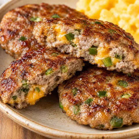 Jalapeno cheese sausage patties with cheddar and browned edges on a plate