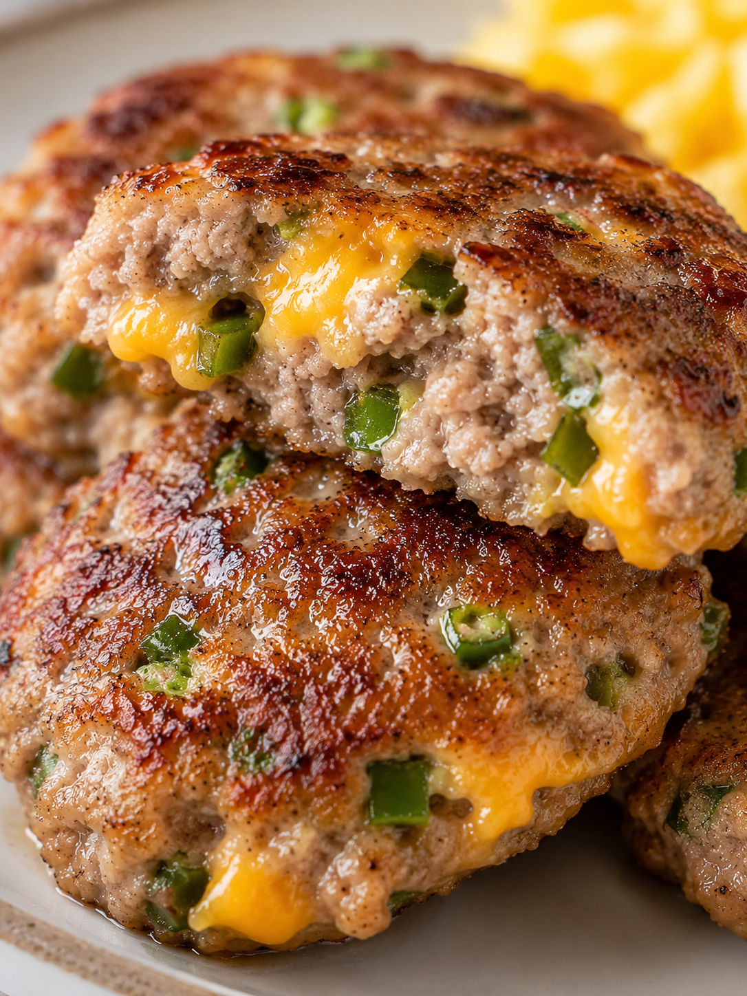Jalapeno Cheese Sausage Patties, plated and served