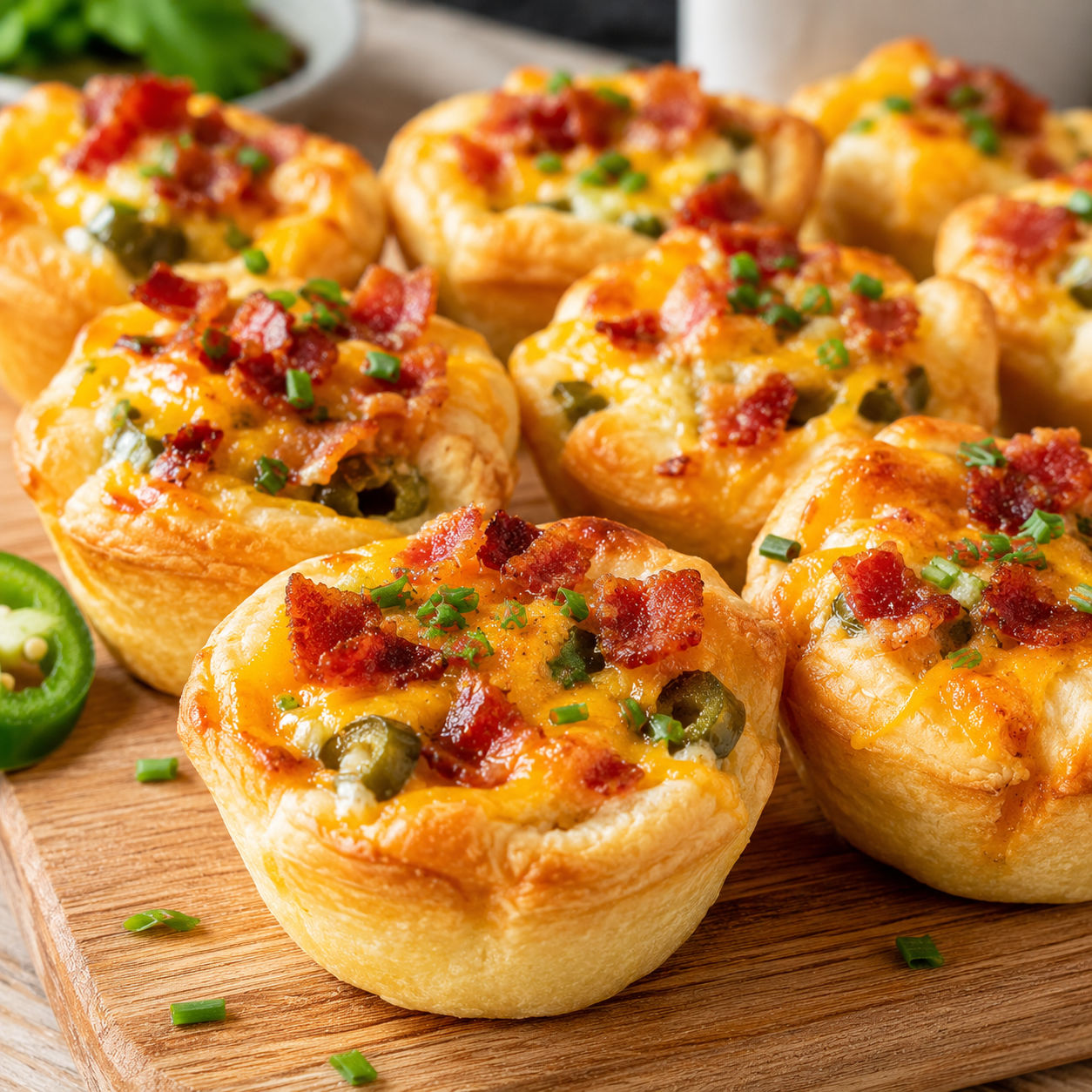 Golden baked jalapeno popper bites with melted cheddar and bacon on a wooden board